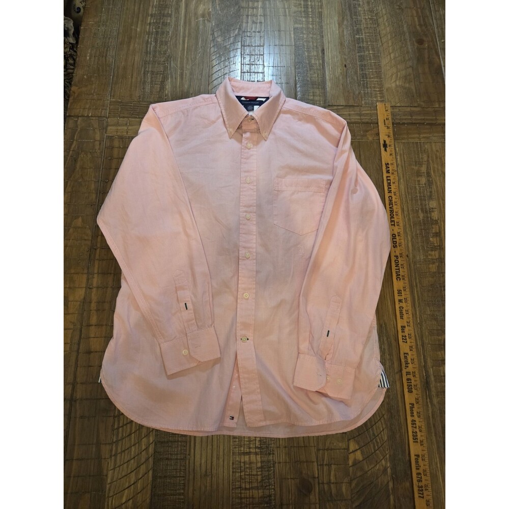 Tommy Hilfiger Mens LARGE Pink Dress Shirt Golf Long Sleeve Logo